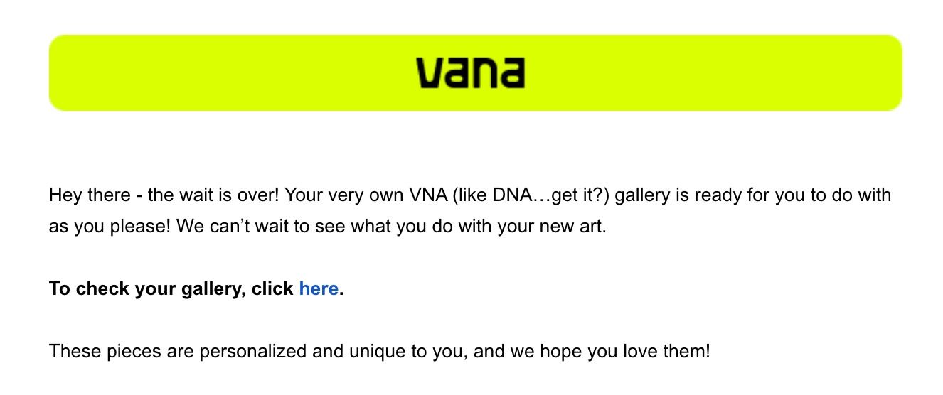 E-mail de Vana Portrait indiquant que la galerie est prête à être visionnée