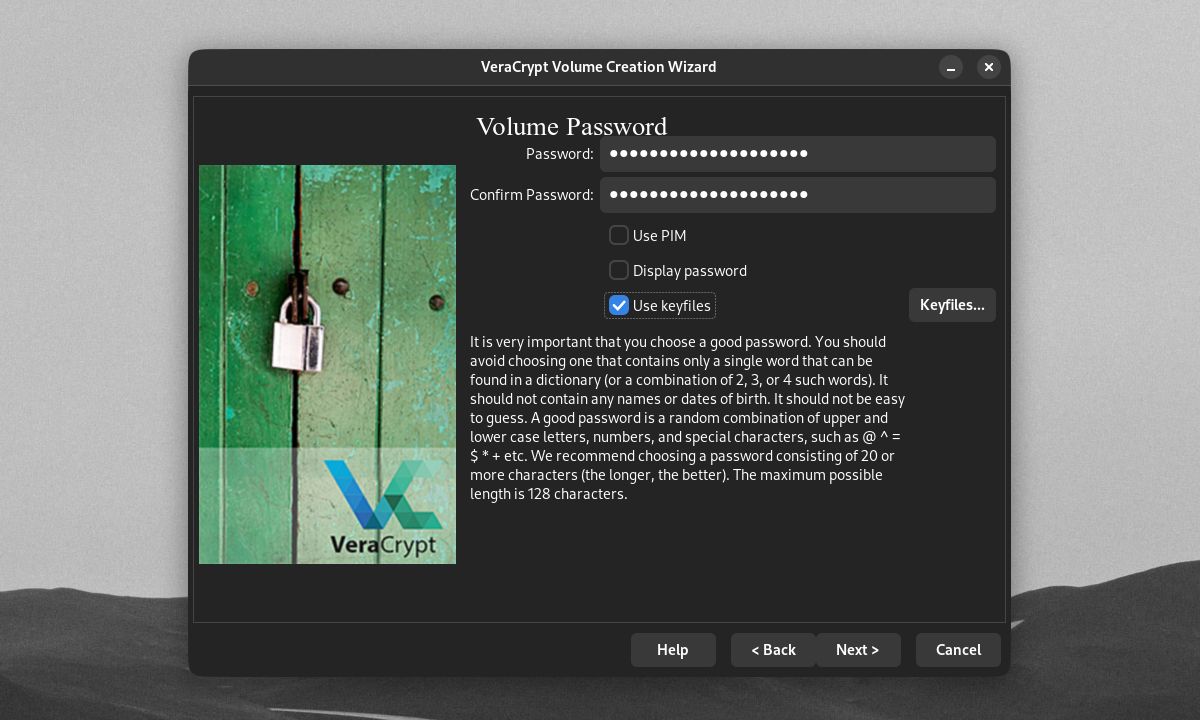 VeraCrypt Volume Creation Wizard Volume Password window with Use keyfiles button selected