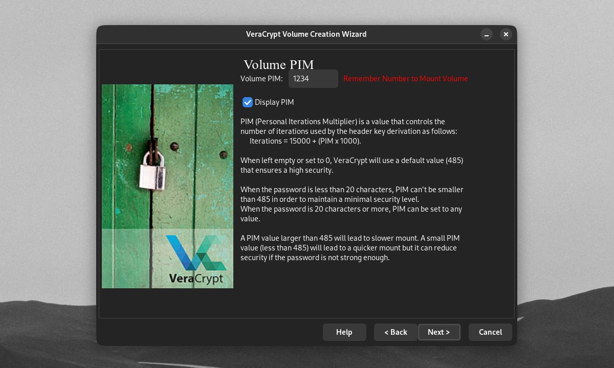 VeraCrypt Volume Creation Wizard Volume PIM window