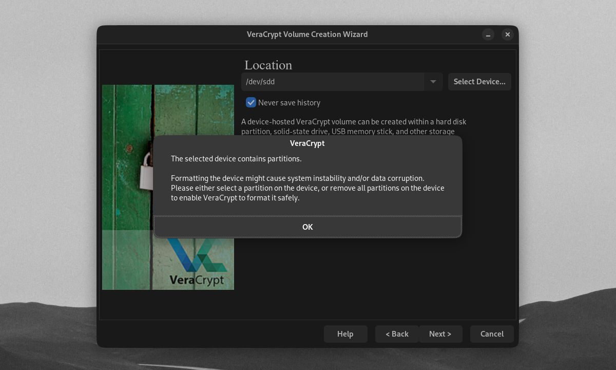 VeraCrypt pop-up informing of a selected device with multiple partitions