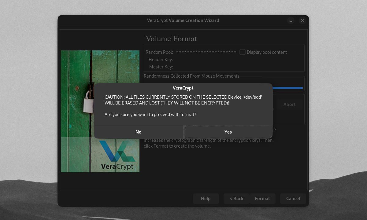 VeraCrypt caution pop-up on formatting a drive/partition