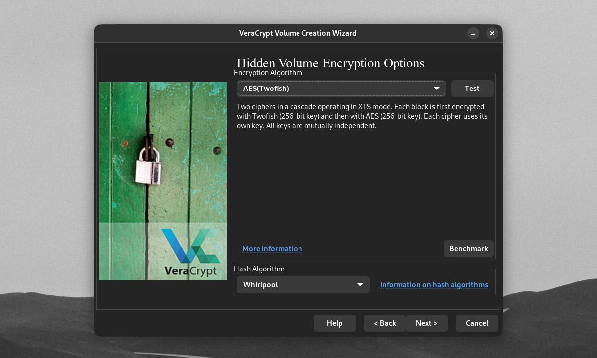 VeraCrypt Volume Creation Wizard Hidden Volume Encryption Options window