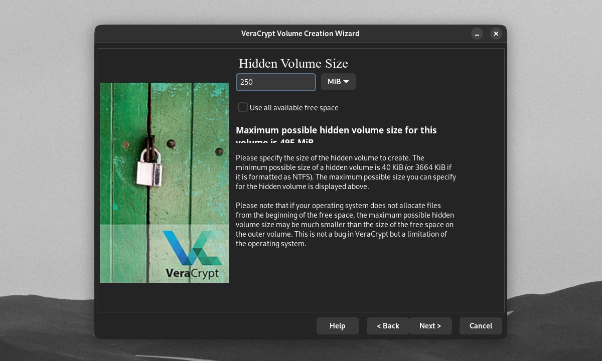 VeraCrypt Volume Creation Wizard Hidden Volume Size window