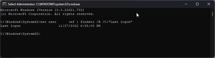 view specific user last login attempt command prompt