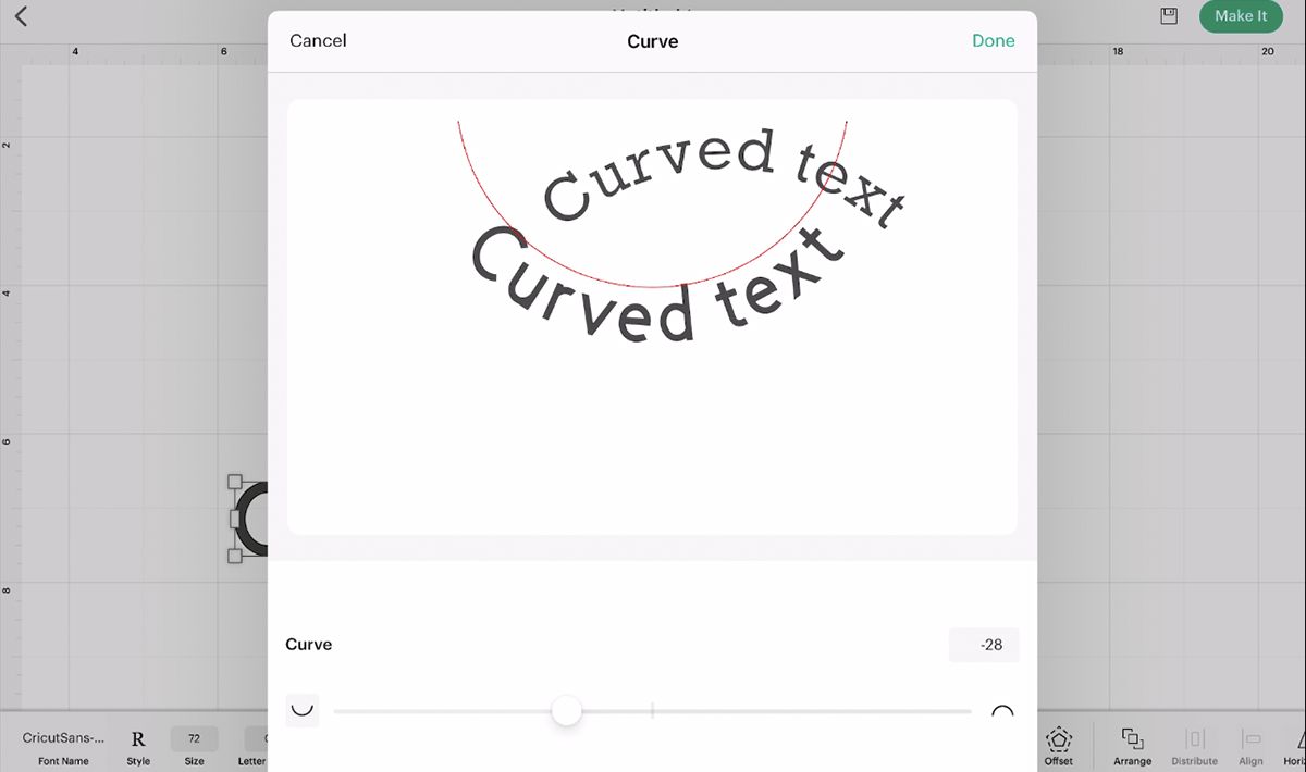 Cricut app curve preview with two opposite curved texts.