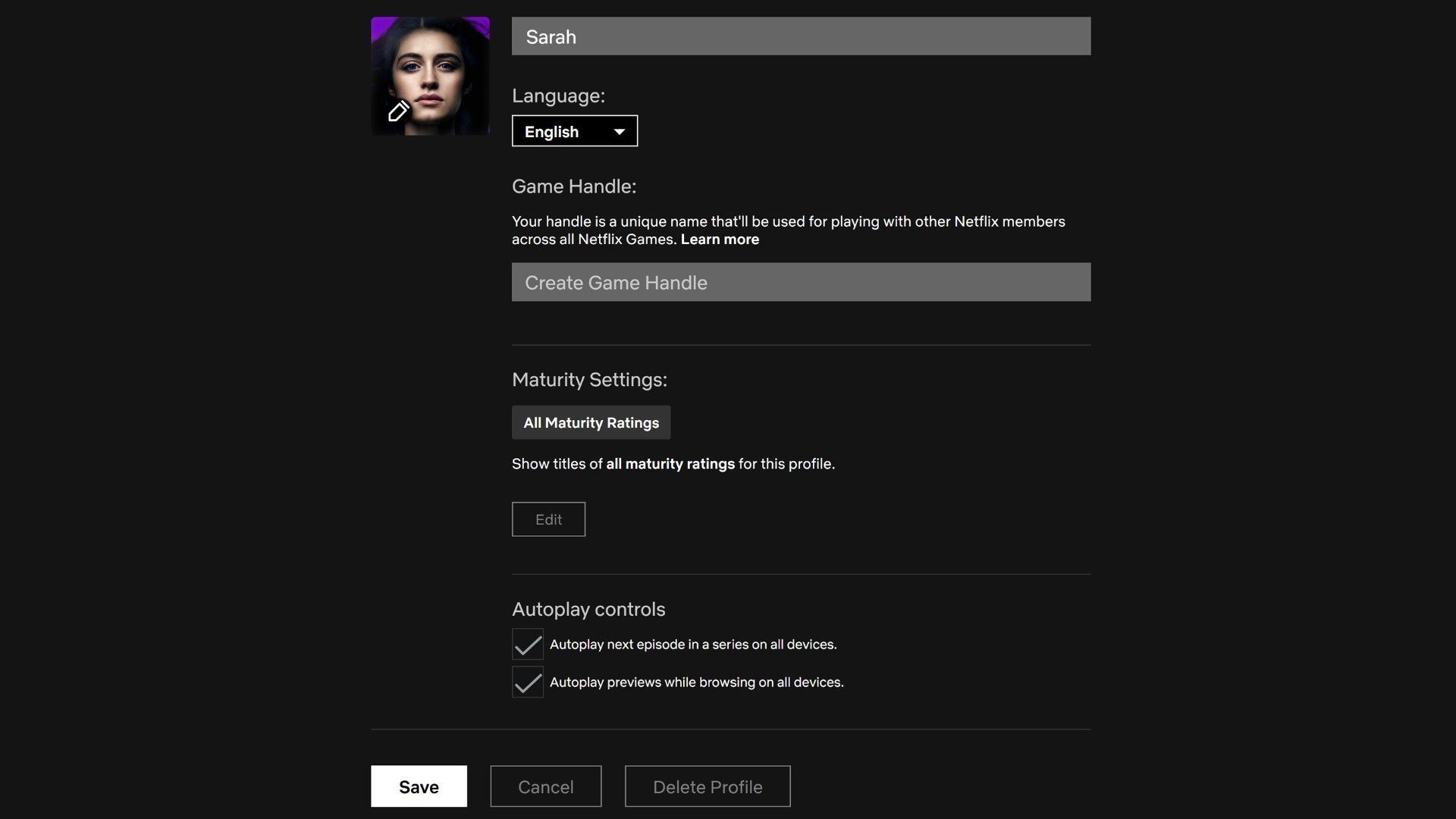 web screenshot of netflix website, editing a profile's settings