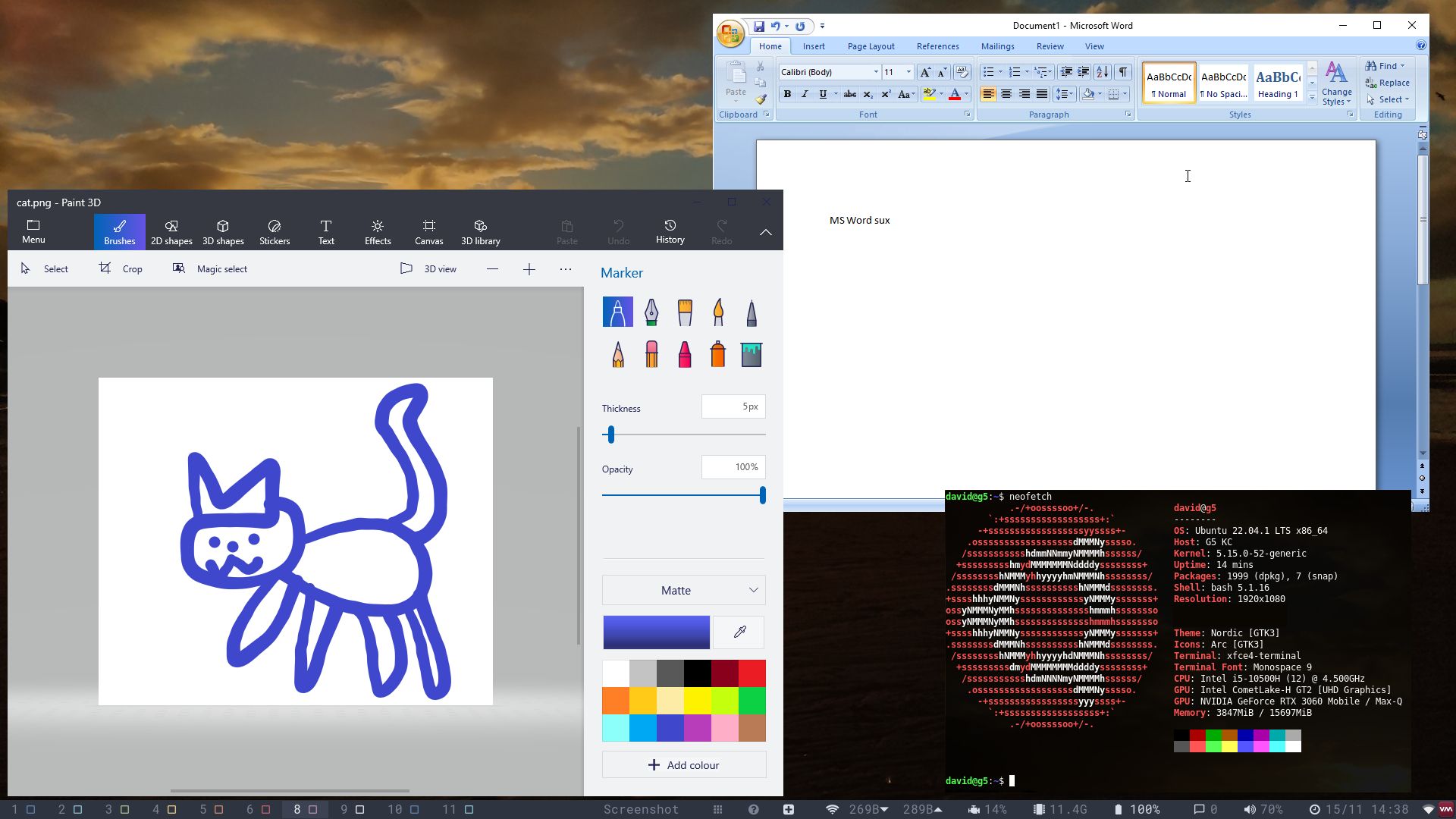 winapps on linux including word 97 and Paint 3D - with a bad picture of a cat