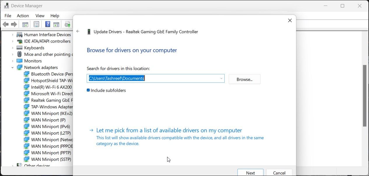 windows 11 device manager memperbarui adaptor jaringan pilih dari driver yang tersedia