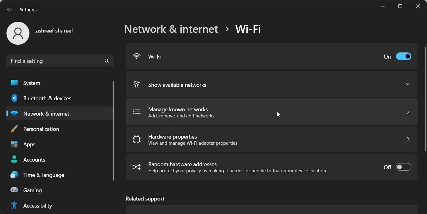 La red de Windows 11 y el wifi de Internet administran redes conocidas.