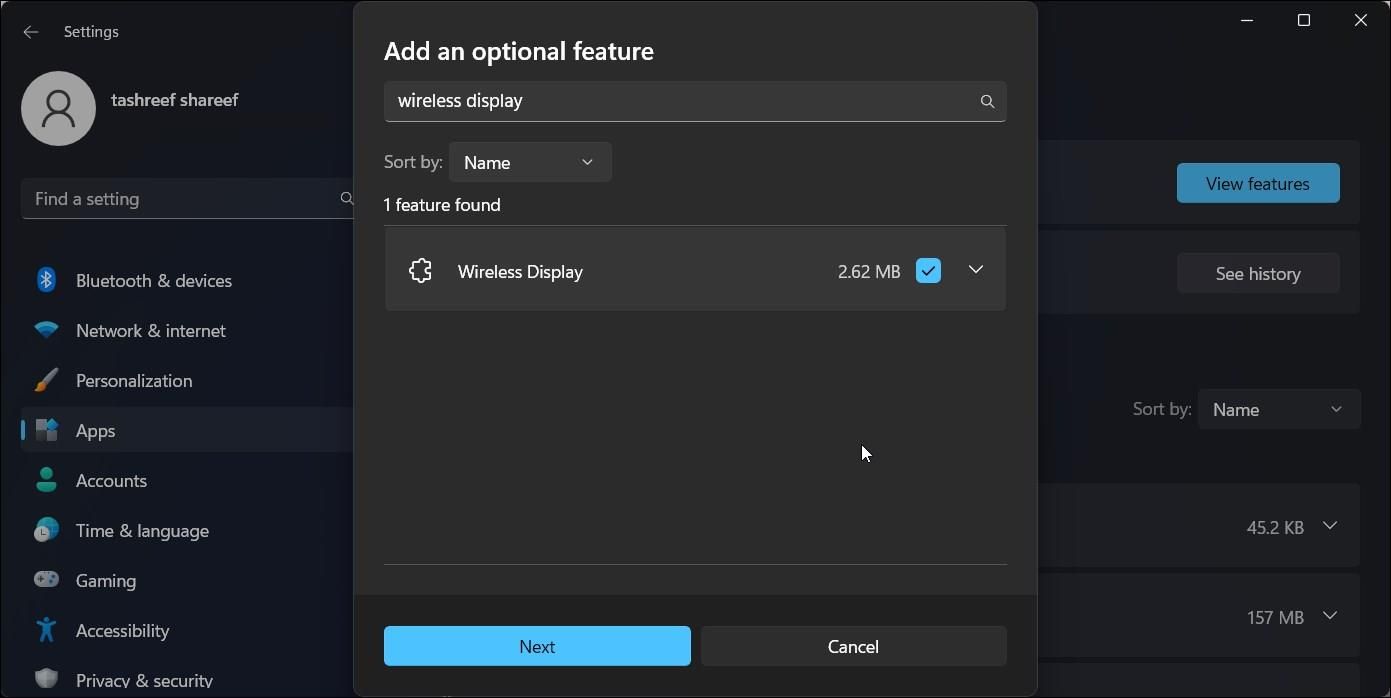 windows 11 optional features add an optional feature wireless display