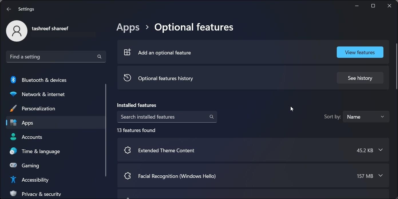 windows 11 optional features view features