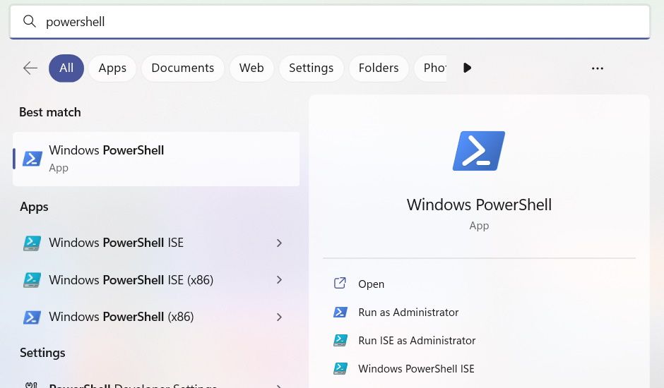 windows powershell in the windows search results