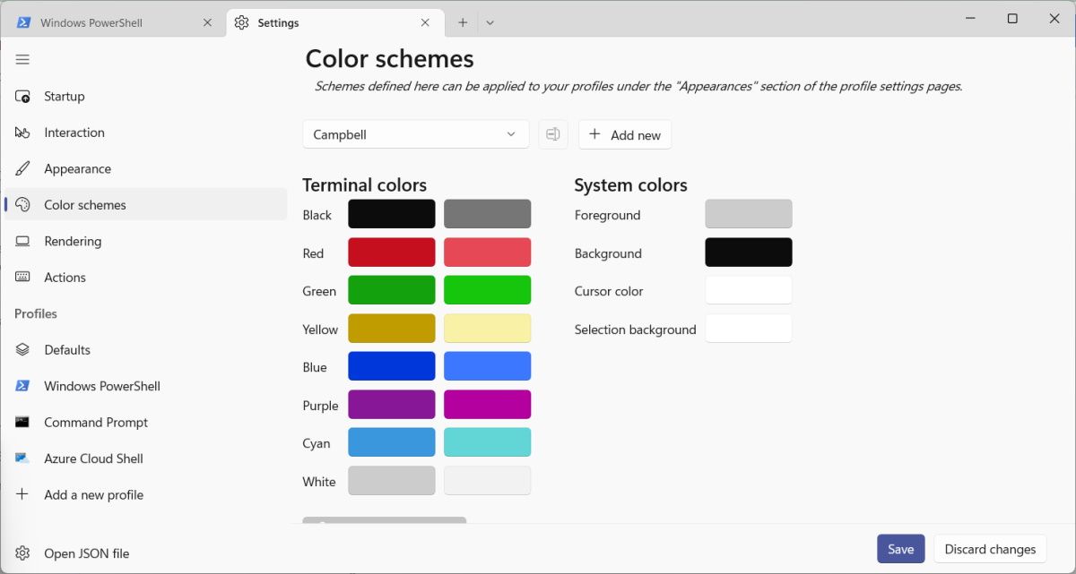 la página de esquemas de color del terminal de Windows