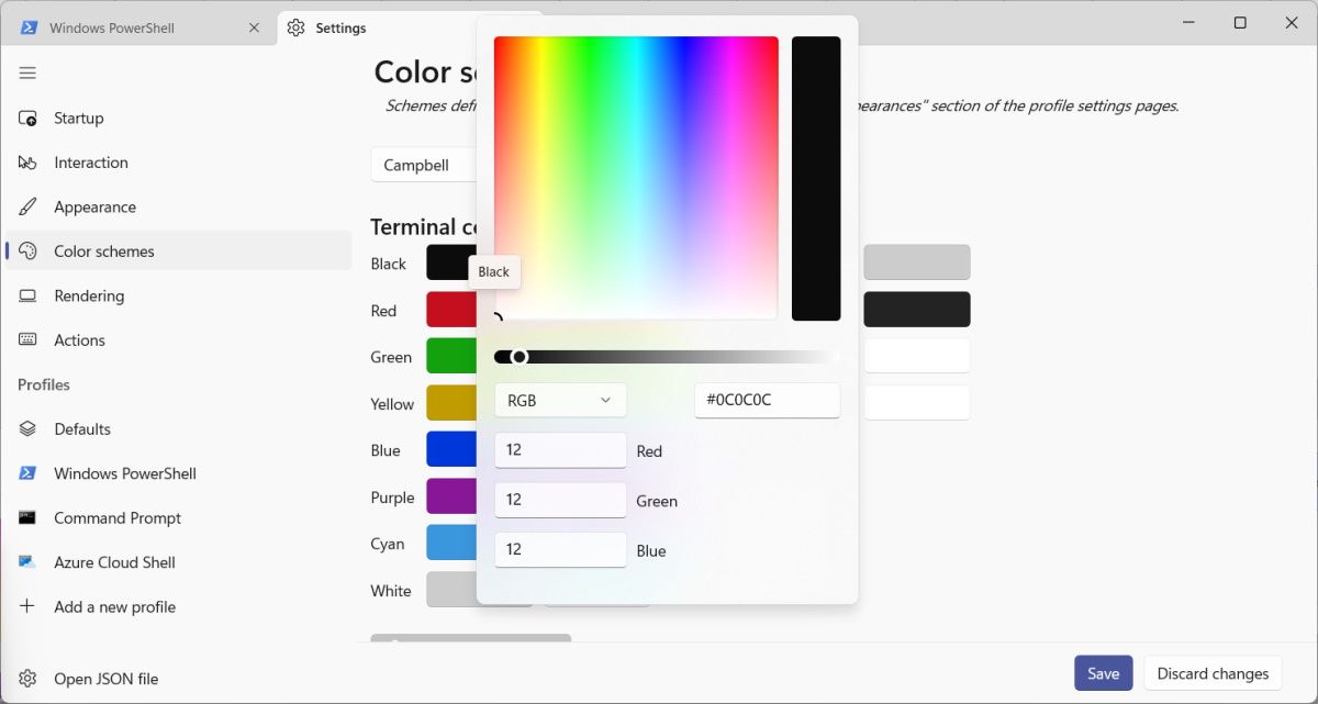 el editor de color para un esquema de color en la terminal de Windows