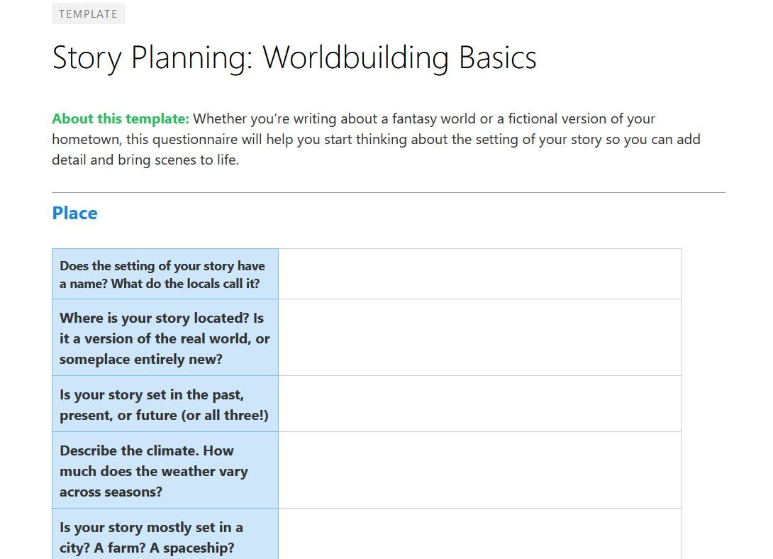 World-Building Template for Creative Writers on Evernote