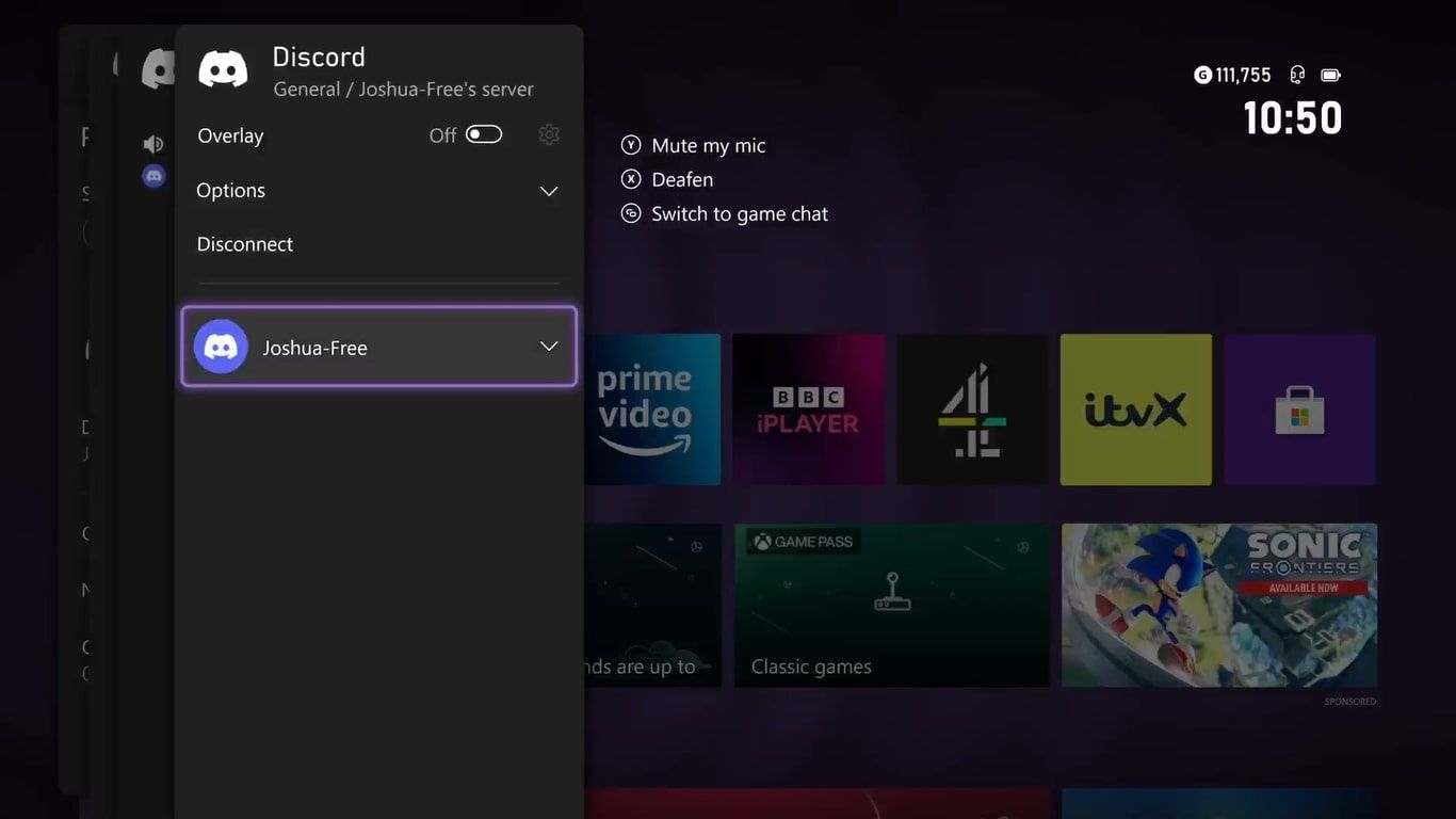 Uma captura de tela de um canal de voz do Discord em execução em um console Xbox 
