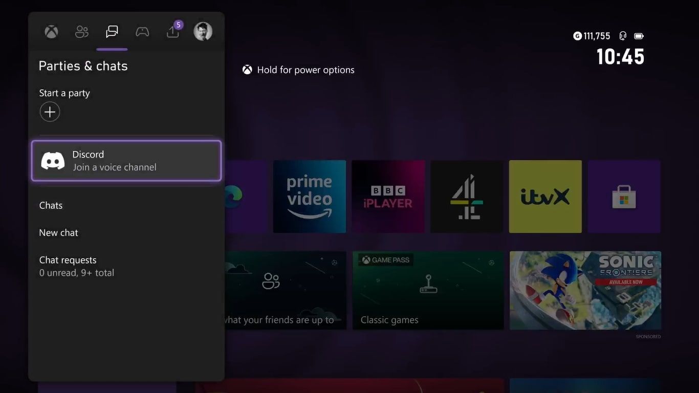 Uma captura de tela das opções de bate-papo em grupo no Xbox Series X com Discord em destaque