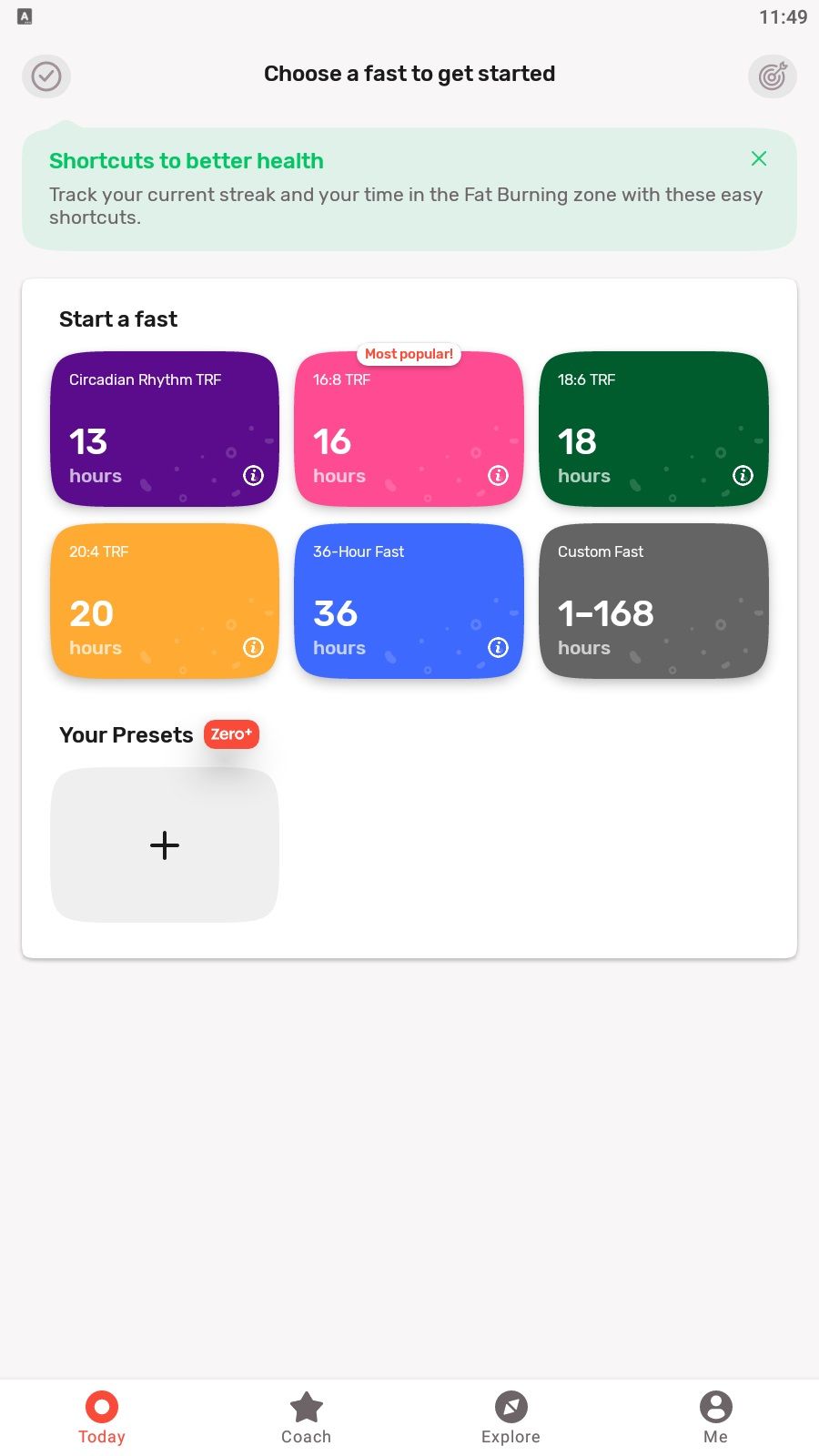 Dashboard of the Zero app