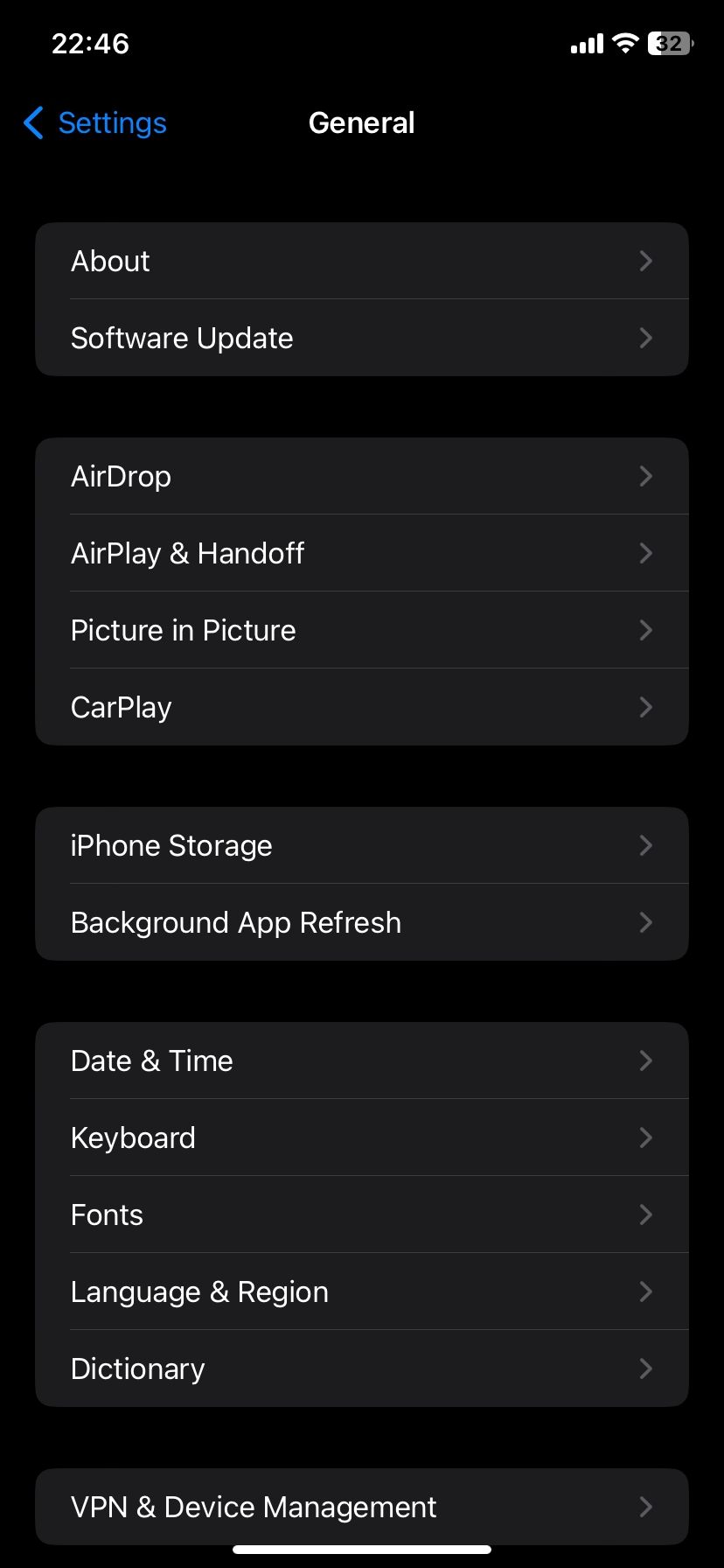 iPhone general settings page