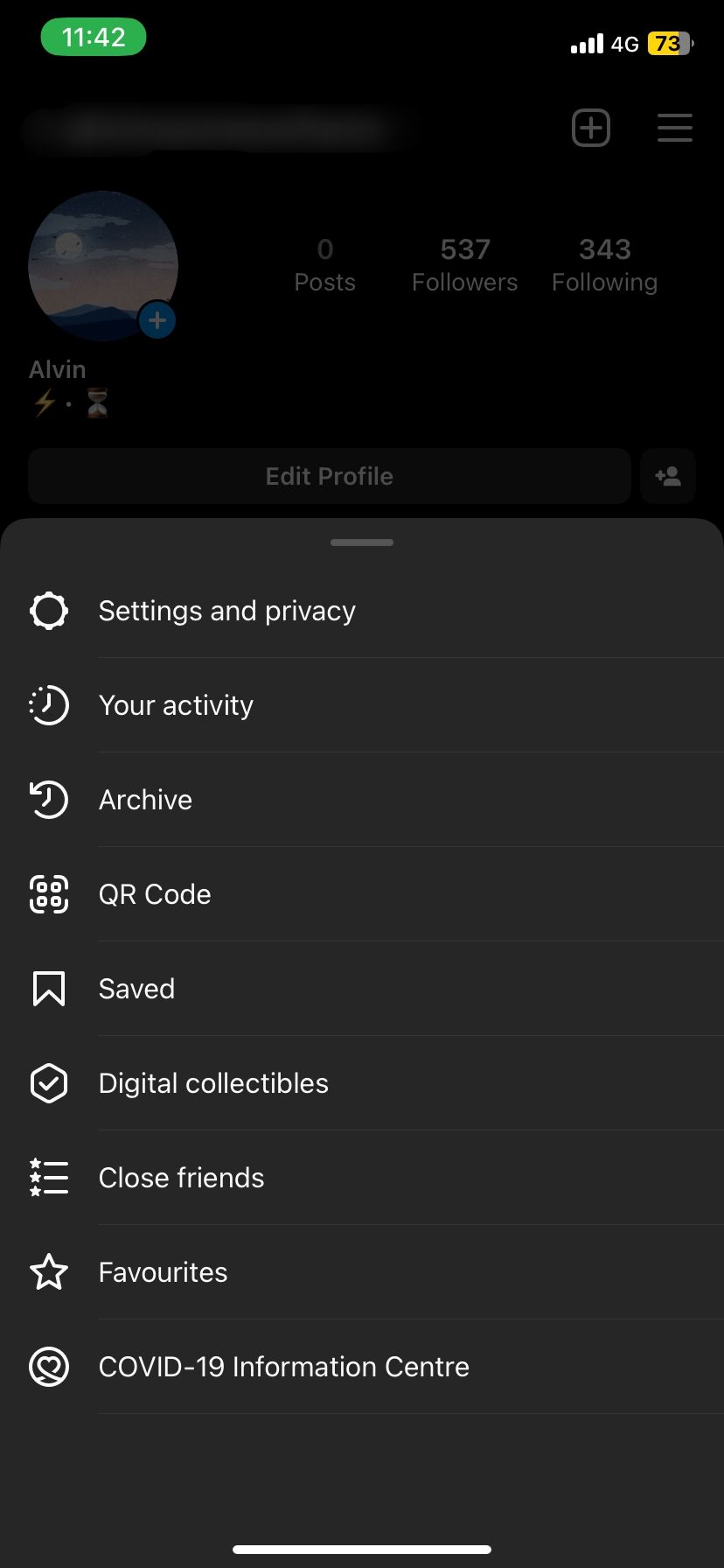 Une capture d'écran du menu d'Instagram sur mobile