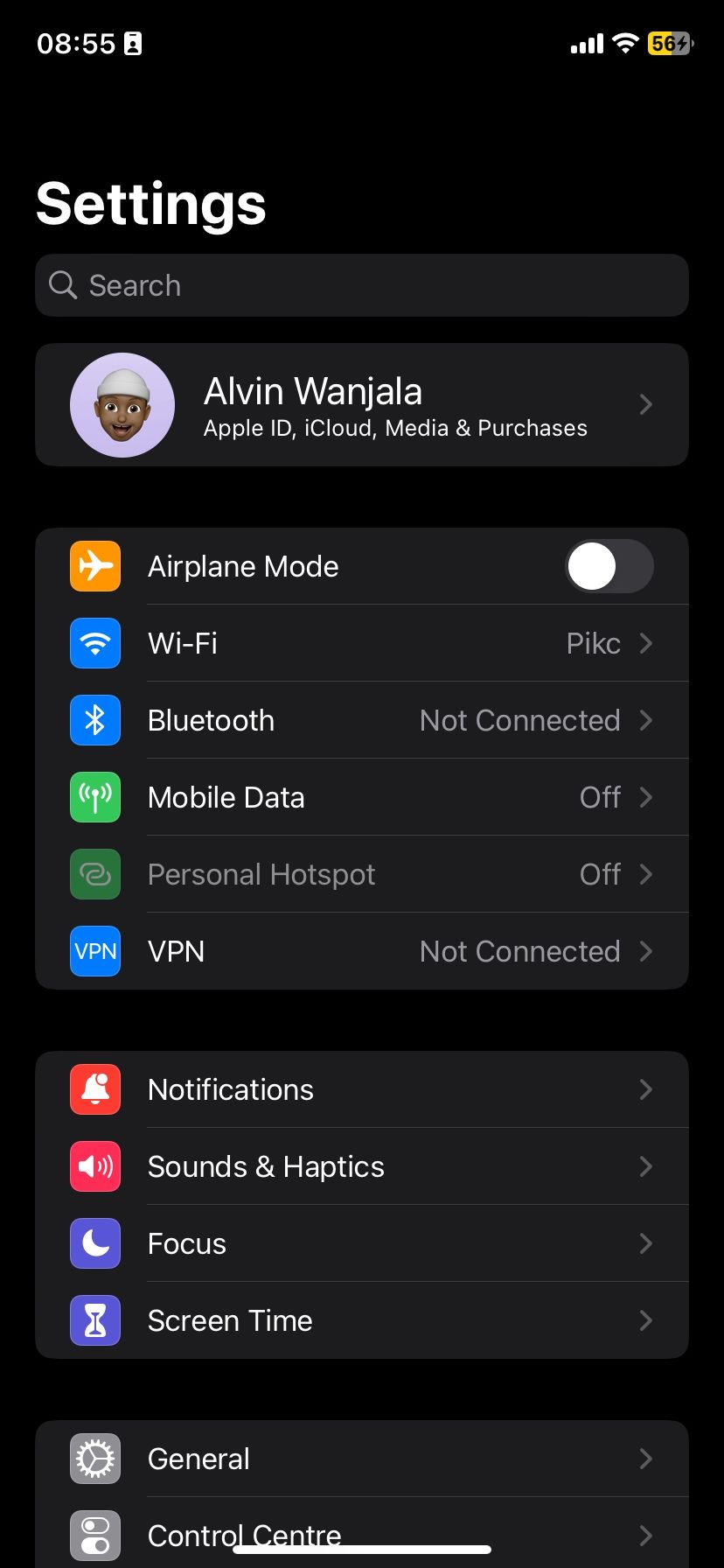 A screenshot of iOS Settings app