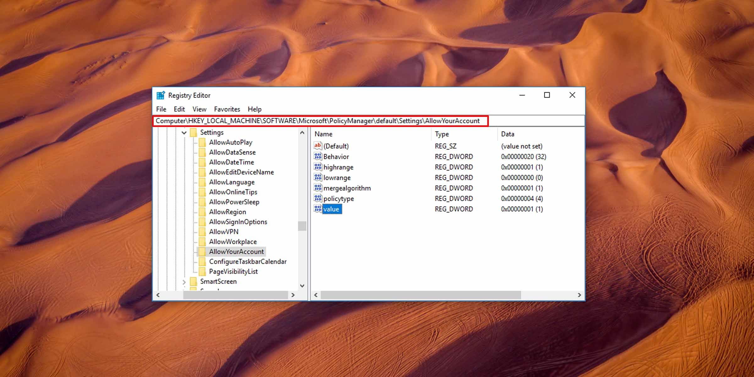 Registro de Windows para permitir el inicio de sesión de la cuenta de Microsoft