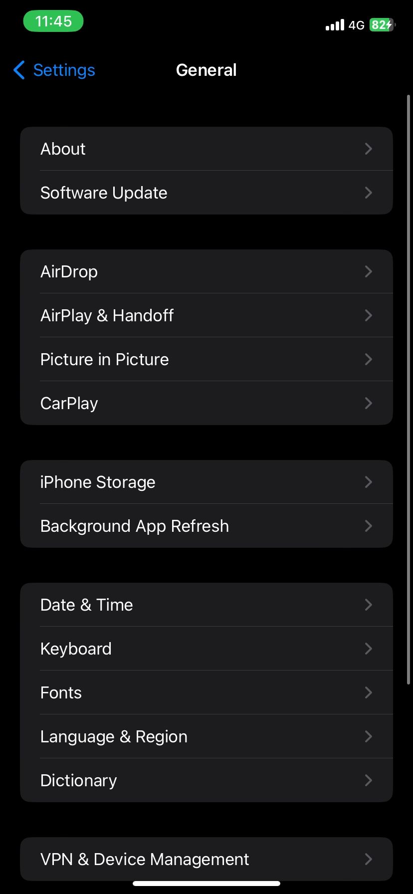 General settings options on iPhone