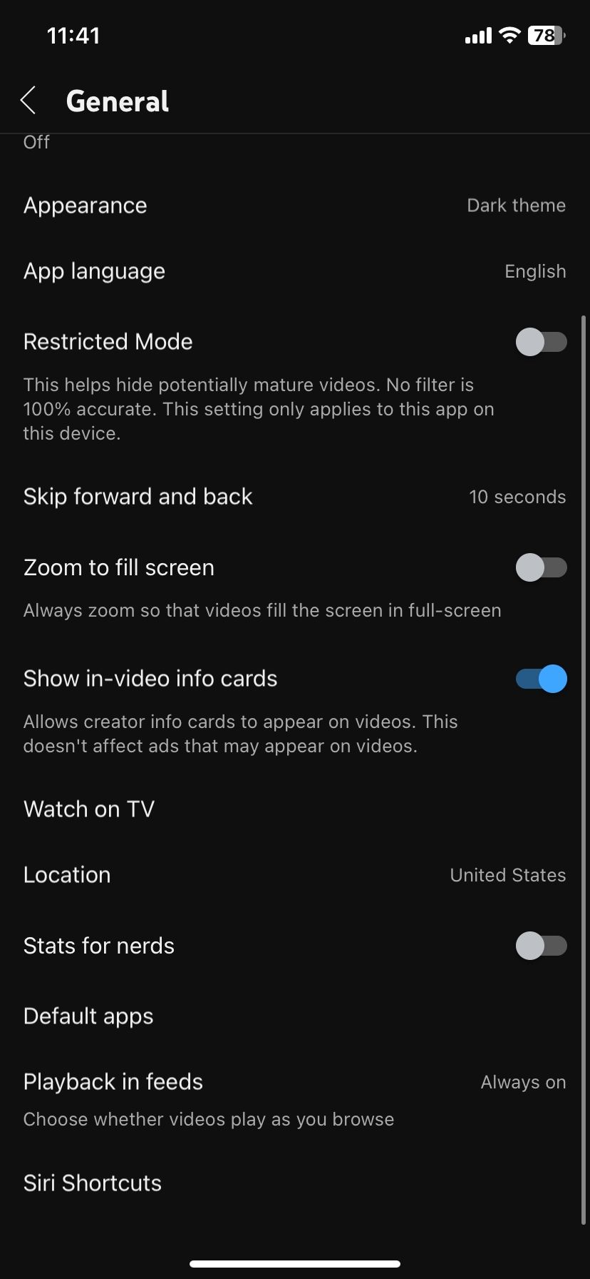 General settings menu on YouTube mobile