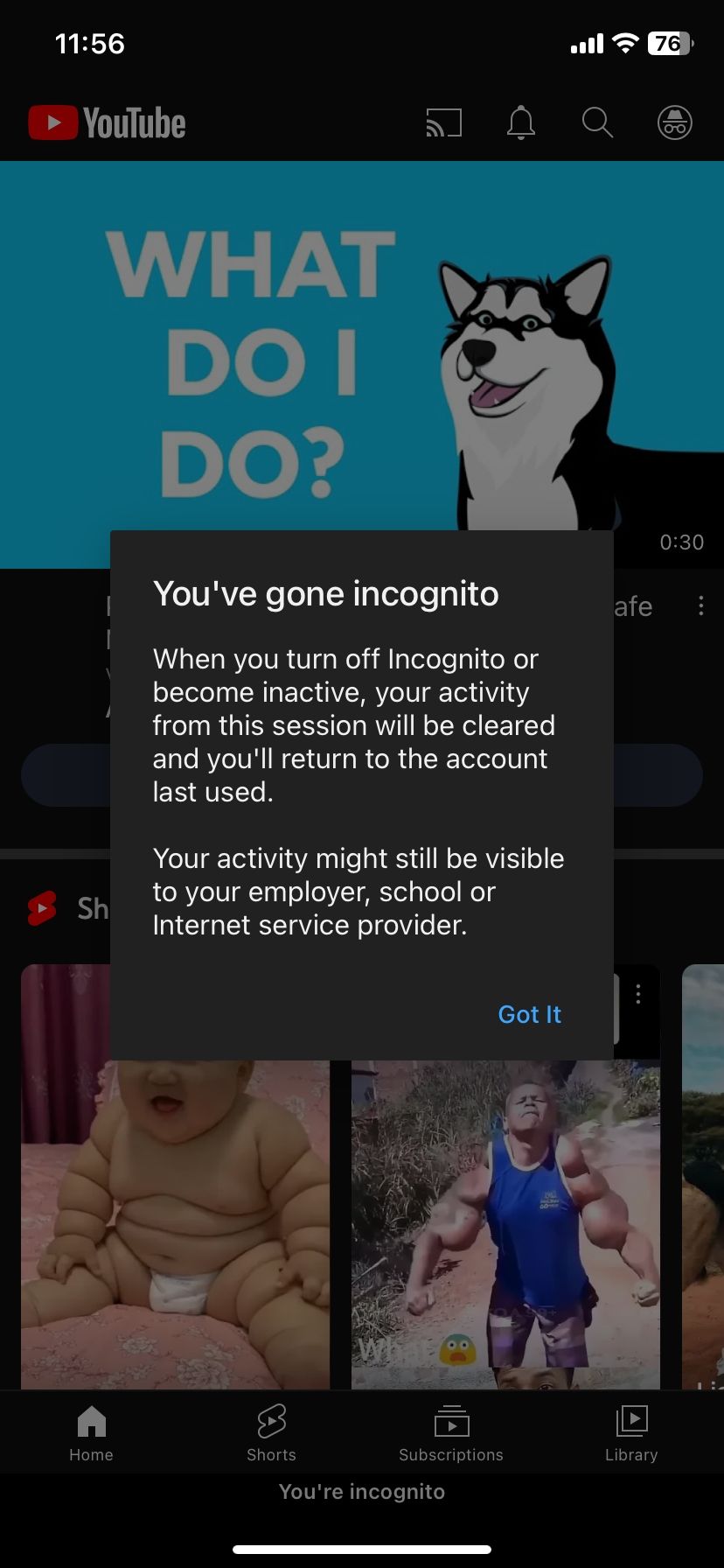 Incognito mode enabled on YouTube