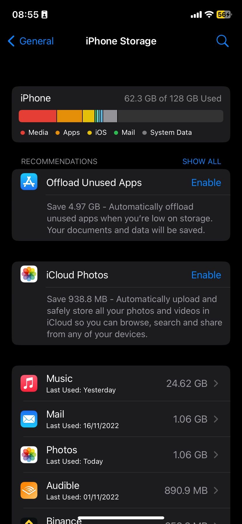 iPhone storage overview page