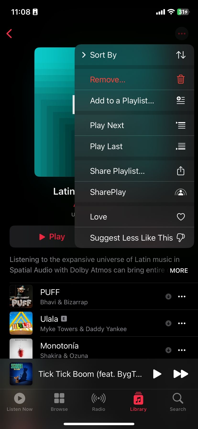 Playlist menu on Apple Music