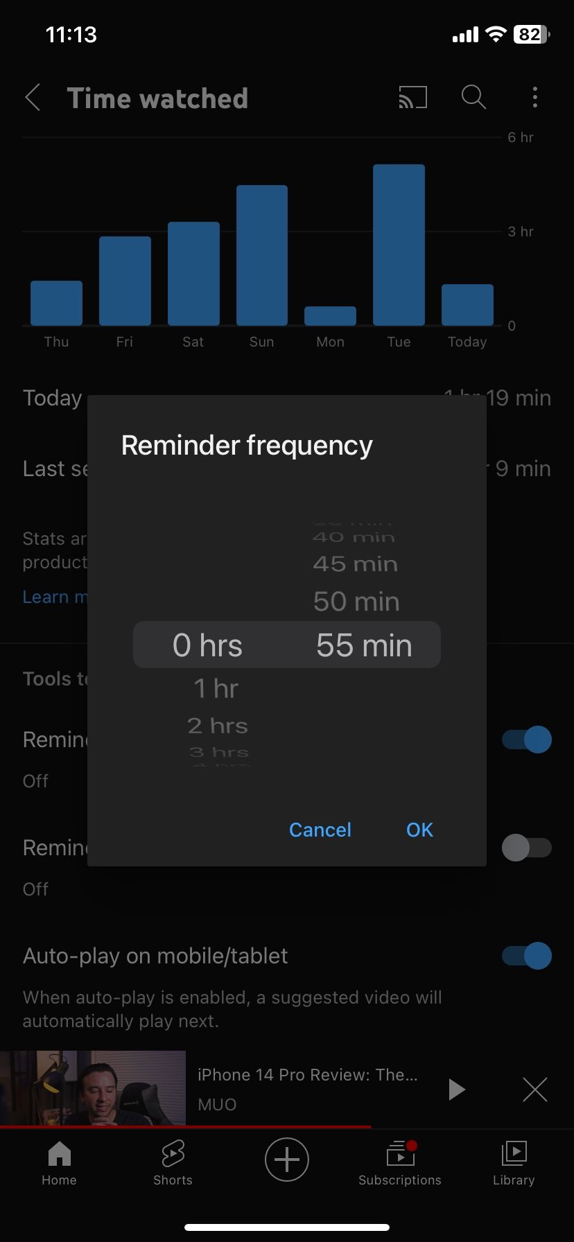 Setting the frequency of reminders on YouTube for mobile