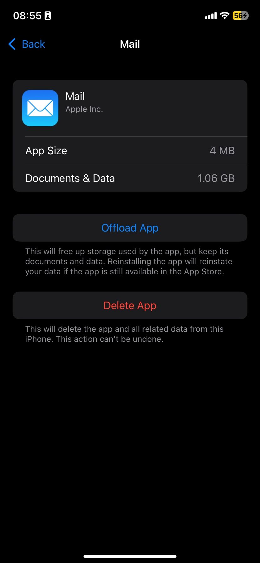 Mail app's Documents & Data size on iPhone