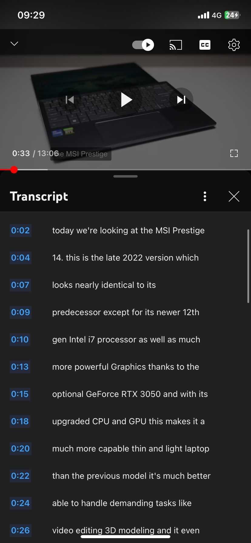 An automatically generated transcript of a YouTube video