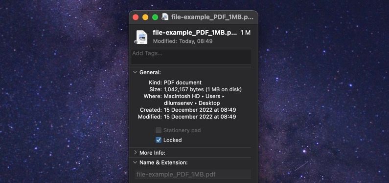 Get info dialog for a file in macOS.
