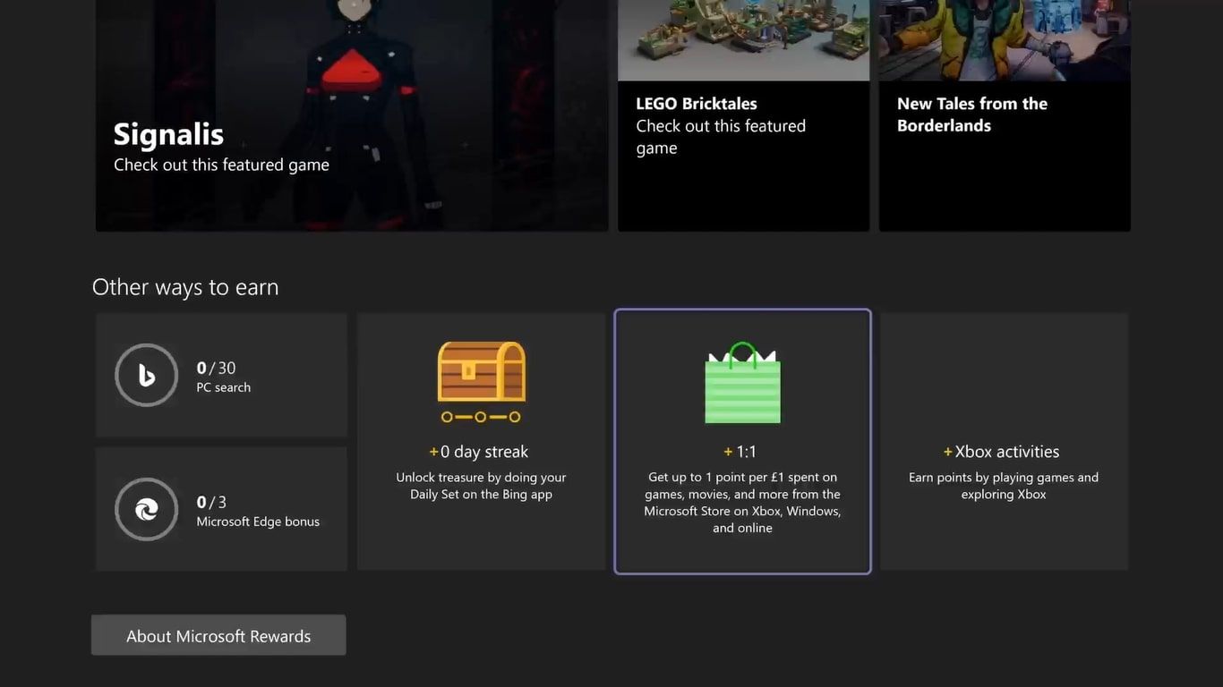 A screenshot of the Other ways to earn Xbox Series X Microsoft Rewards section in the Xbox app with One to One highlighted