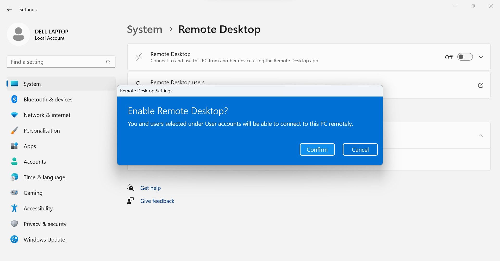 Al hacer clic en el botón Confirmar después de habilitar la alternancia para Escritorio remoto en la aplicación Configuración de Windows