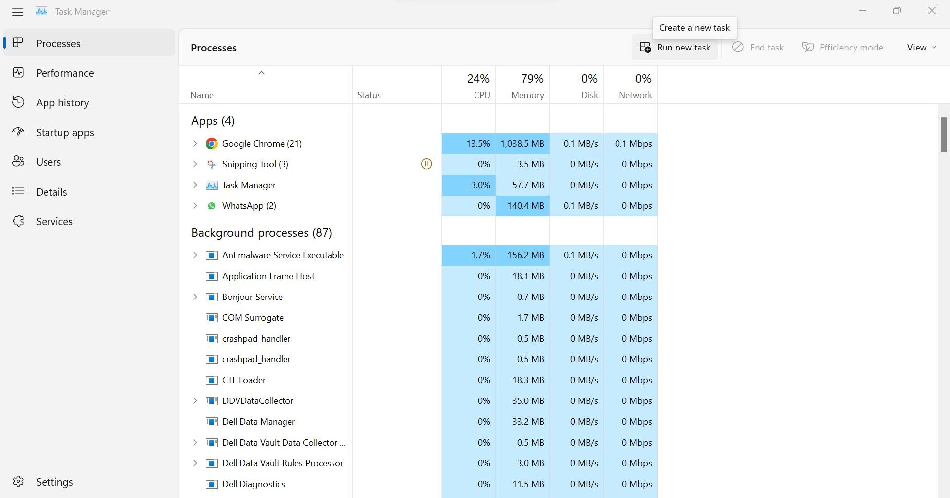 با کلیک بر روی گزینه Run New Task در تب Processes برنامه Task Manager در ویندوز