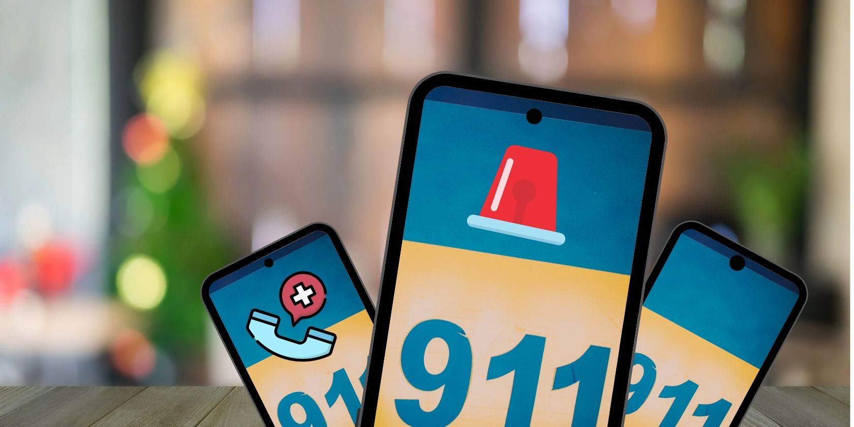 Smartphones showing 911 and siren on screen