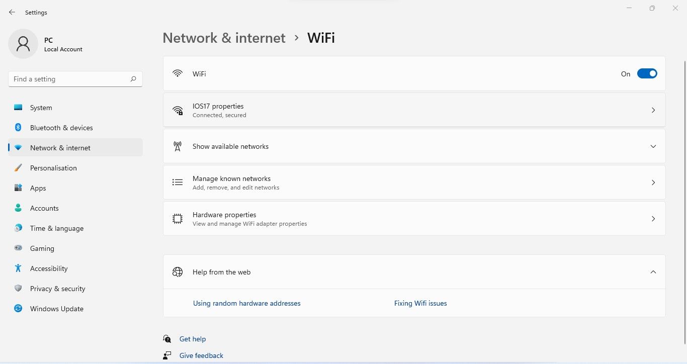 Apertura de propiedades de conexión Wi-Fi en la aplicación Configuración de Windows