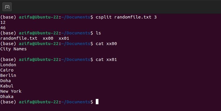 In ubuntu terminal the csplit command has been used to split a file