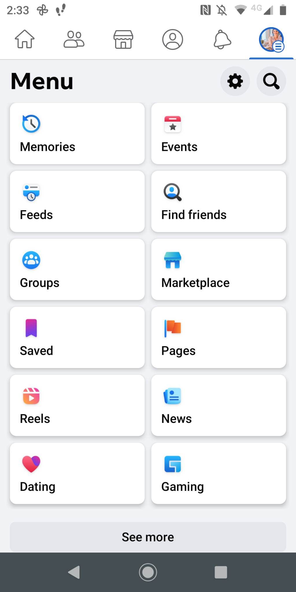 Facebook app menu page