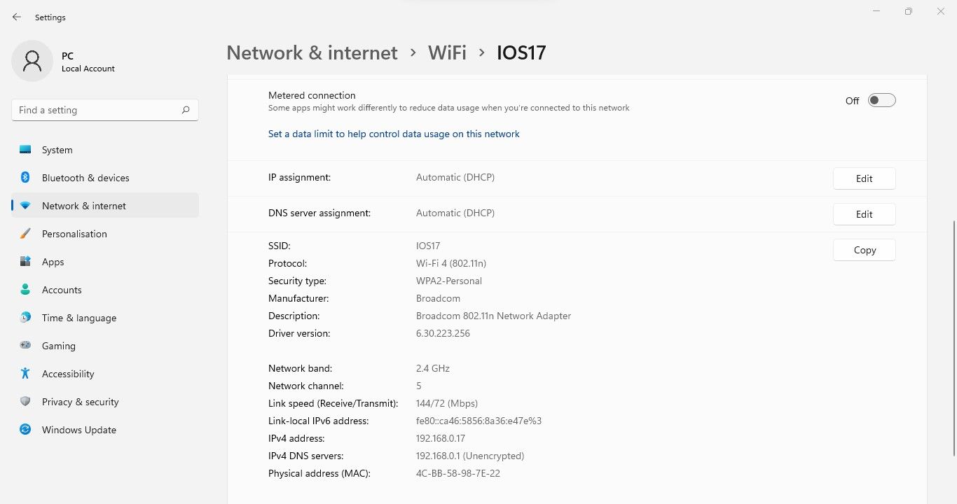 Tenga en cuenta la dirección IPv4 en las propiedades de Wi-Fi en la aplicación Configuración de Windows