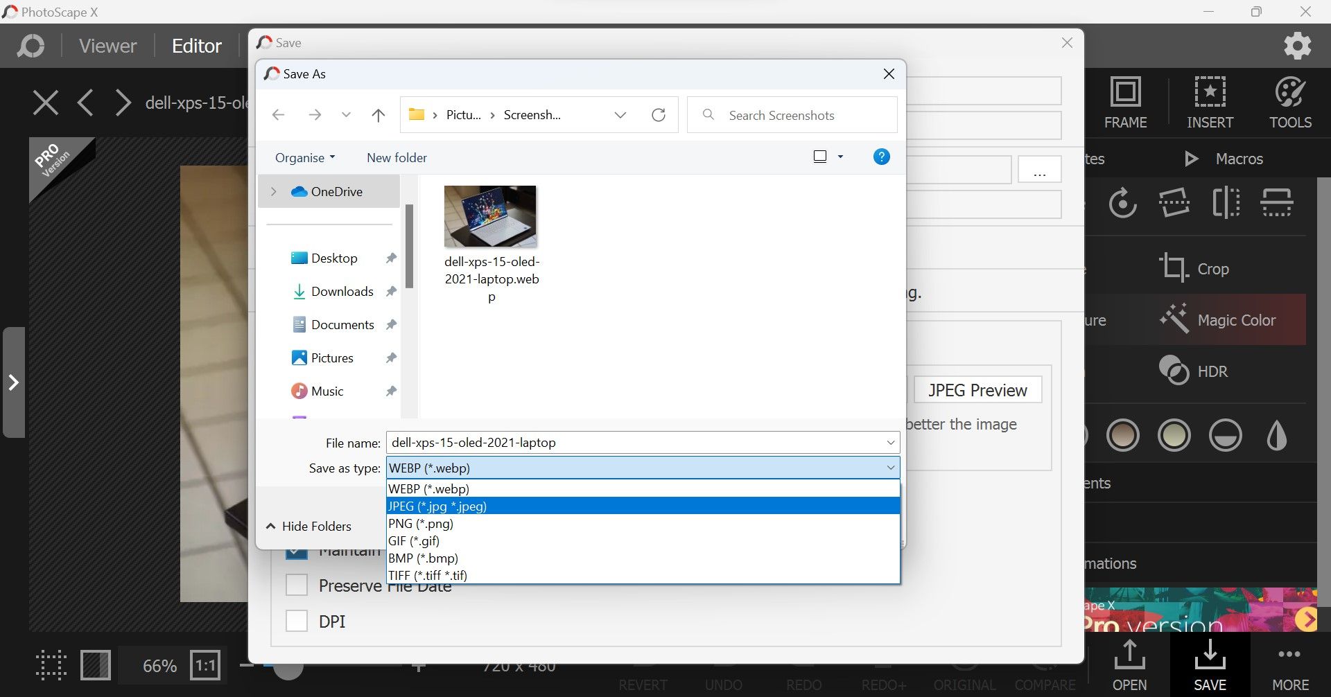 Chọn định dạng hình ảnh bằng cách mở rộng menu thả xuống lưu dưới dạng trong ứng dụng PhotoScape X trên Windows