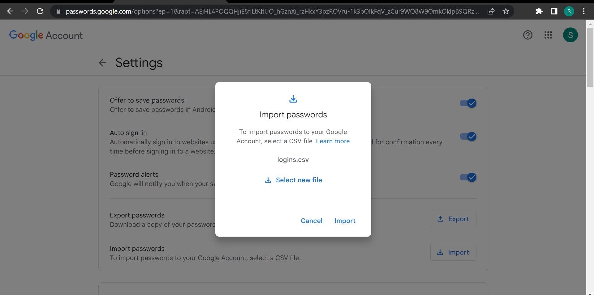 Click the Import button after uploading the CSV file from the device to import passwords into Chrome Password Manager