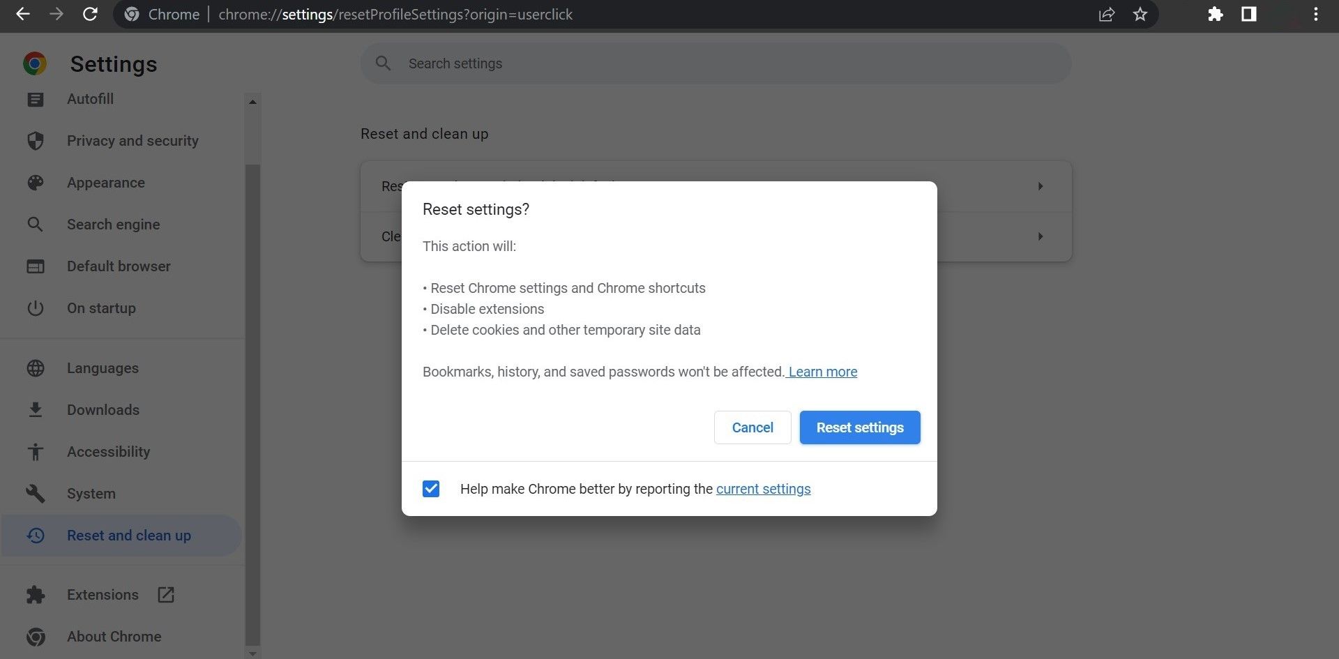 Clicking the Reset button to restore settings to their original defaults in Chrome settings