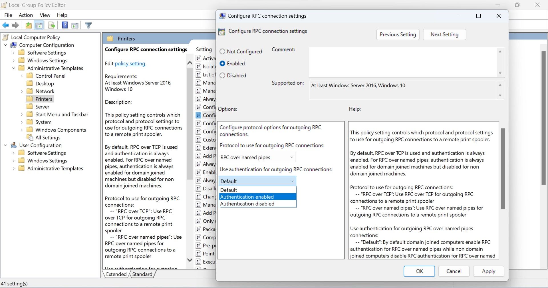 فعال کردن احراز هویت از منوی کشویی Use Authentication for Outgoing RPC Connections در برنامه ویرایشگر خط مشی گروه ویندوز