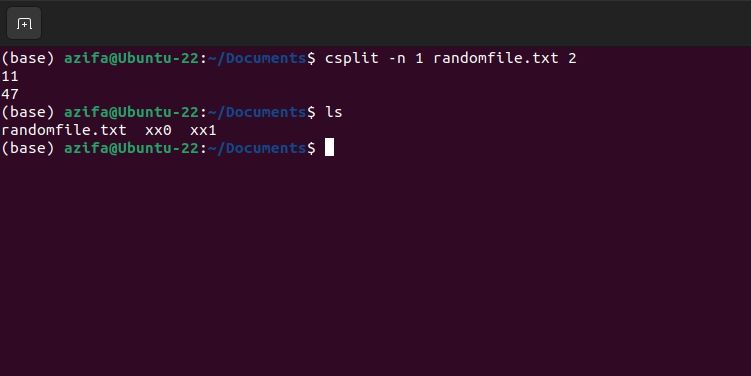 csplit command is being used with n flag