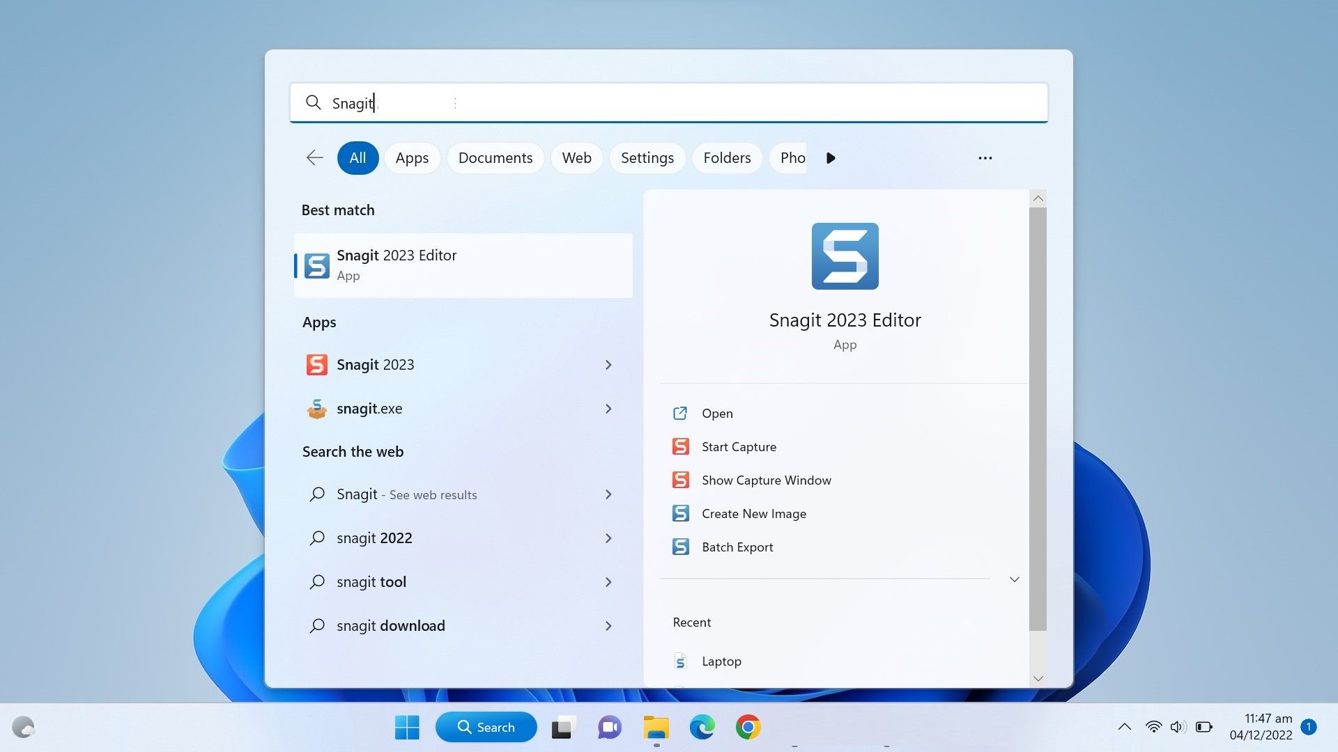 Mở ứng dụng Snagit Editor bằng cách tìm kiếm nó trong Windows Search