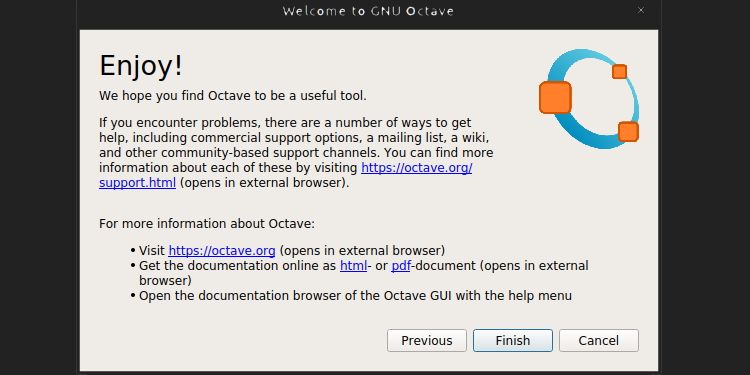 octave setup's last page displaying useful resources